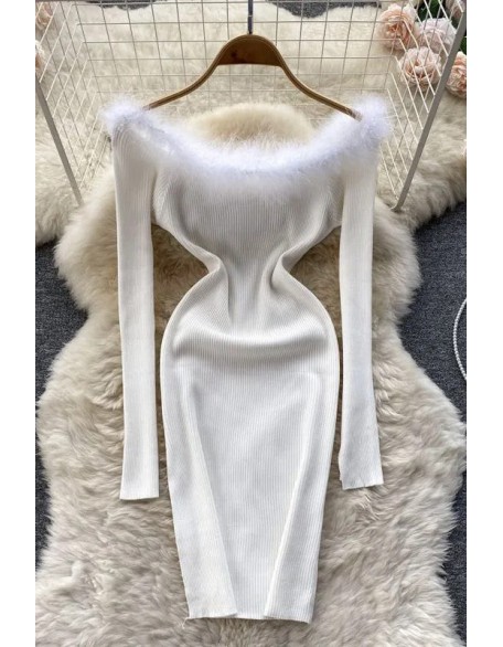 Women Dress Fashion Fur Patchwork Off Shoulders Knitted Sweater Dress Slim Elastic Mini Party Dress